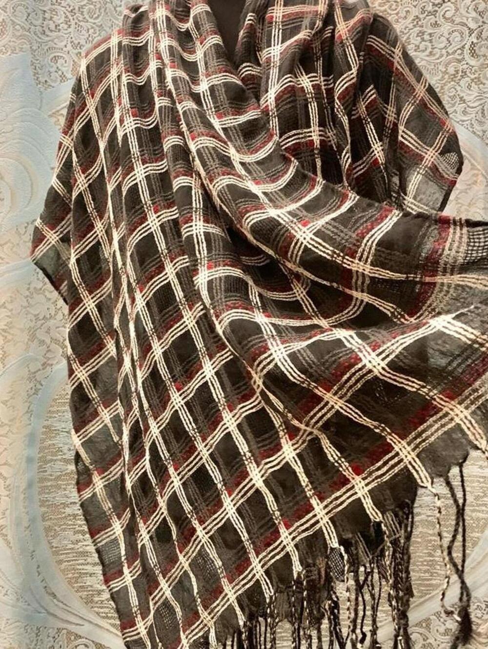 Grunge Plaid Fringe Scarf Oversized Checkered Shawl Wrap Dark Academia